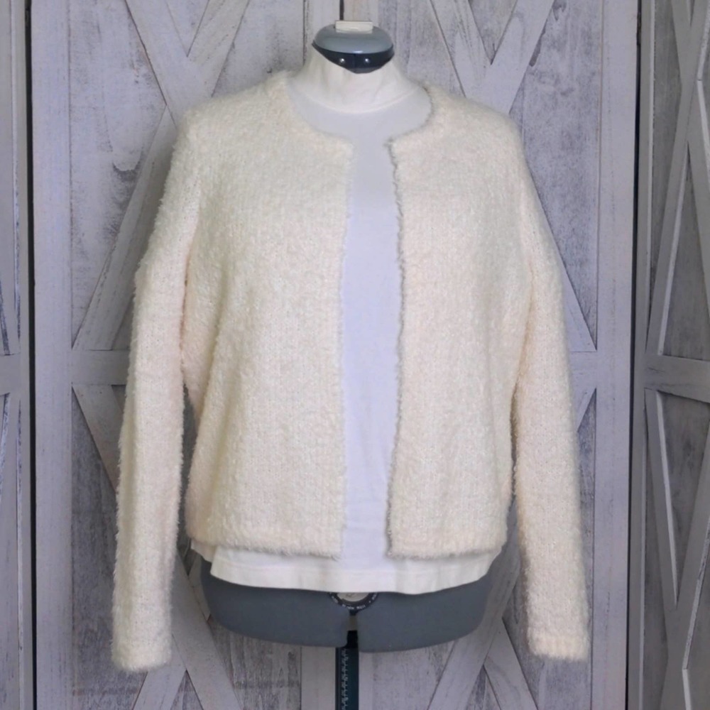 Loft Ivory Fuzzy Knit Open Crew Neck Cardigan Medium
